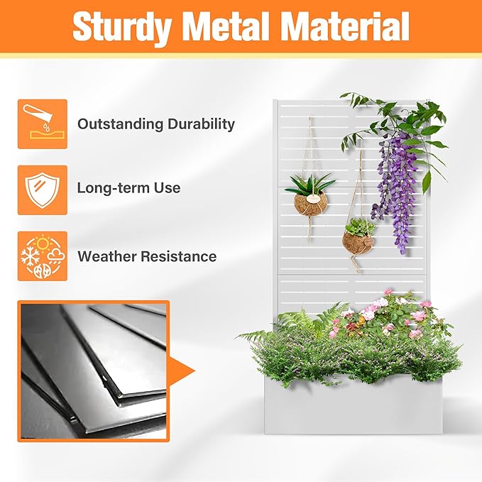 Metal Planter Box with Trellis Raised Garder Bed with Drainage Hole Privacy Screen &amp Trellis for Climbing Plants Outdoor Plant Stands 35''L×16''W×71''H White