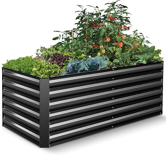 TEANDE 6x3x2FT Raised Garden Bed Kit Galvanized Planter Raised Garden Boxes Outdoor w/Anti Cutting Strip &amp A Pair of Gloves Deep Root Raised Planter for Vegetables Fruits Flowers and Herbs Bl