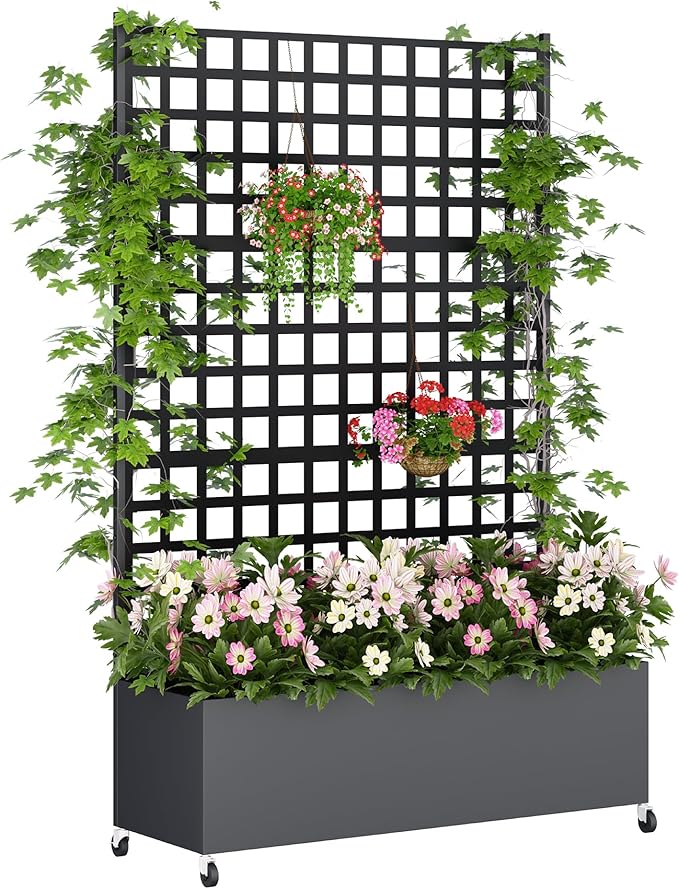 Metal Planter Box with Trellis Privacy Screen Raised Garden Bed with Lattice Trellis &amp Wheels Privacy Planters for Patio Planter Box for Climbing Plants Flower 73x 47x 16 Black