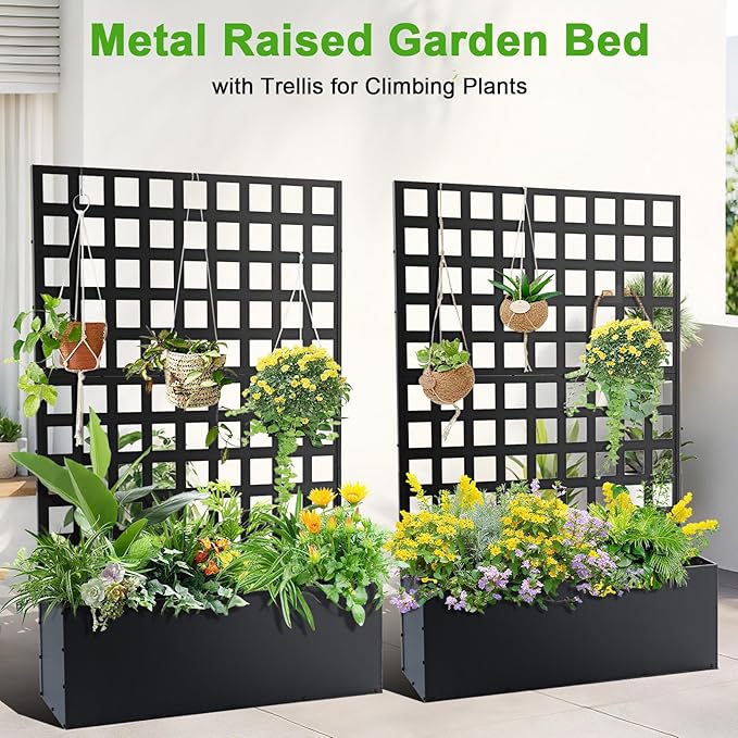 Metal Raised Garden Bed with Trellis - Tall Trellis Planter Box for Climbing Plants Vegetables &amp Vines Outdoor Privacy Planters for Patio 72.83x46.46x11.81 Black