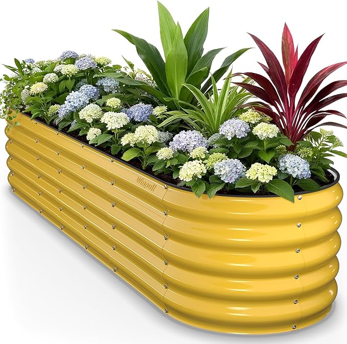 8x2x1.5 ft Galvanized Steel Raised Garden Bed Raised Garden Bed Kit Galvanized Planter Box Outdoor 18 Tall Oval Large Metal Raised Bed for Gardening Vegetables Flower Herb (Cream Yellow)