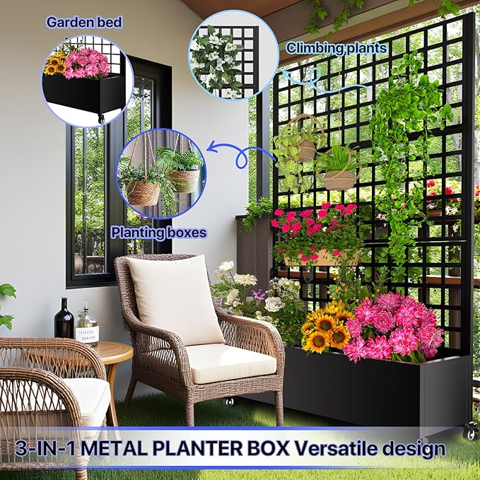 Metal Planter Box with Trellis72x47x16Galvanized Steel Outdoor Raised Garden Bed with Privacy Screenwith Drainage Holes &amp Lockable Casters for Climbing PlantsVegetablesand Vines.(Grid-Black