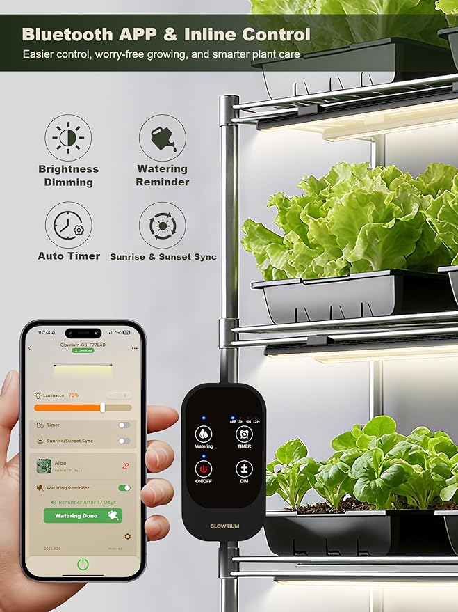 GLOWRIUM Smart Grow Lights for Indoor Plants with APP Full Spectrum Grow Lights for Seed Starting G6 Plant Light Strip with auto Timer 3 Angle dimming Levels for Plant Shelf 2-Pack (Black 16W)