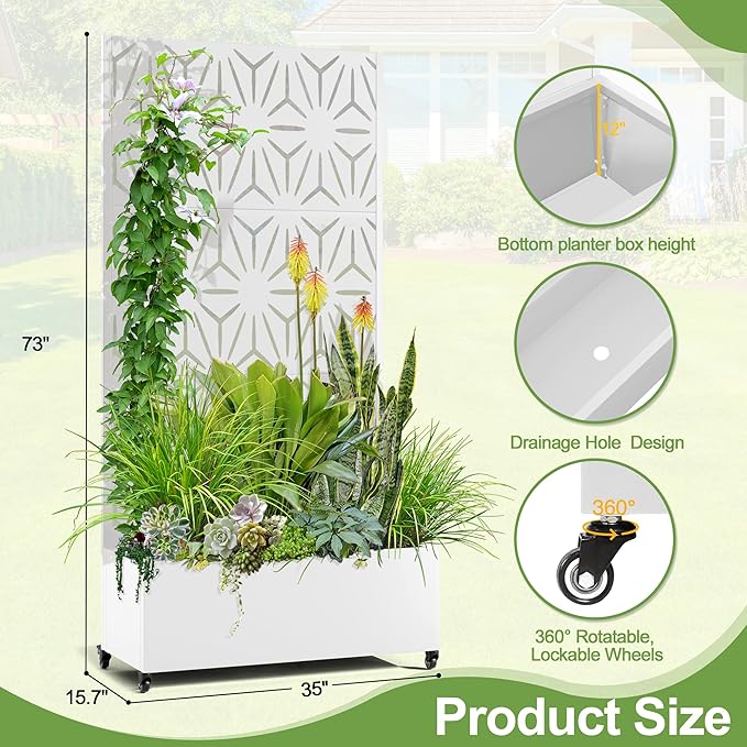 Raised Garden Bed with Trellis and Wheels73x35x16 Metal Raised Garden BedWhite Star Metal Planter with Climbing Trellis for Vines &amp Vegetables