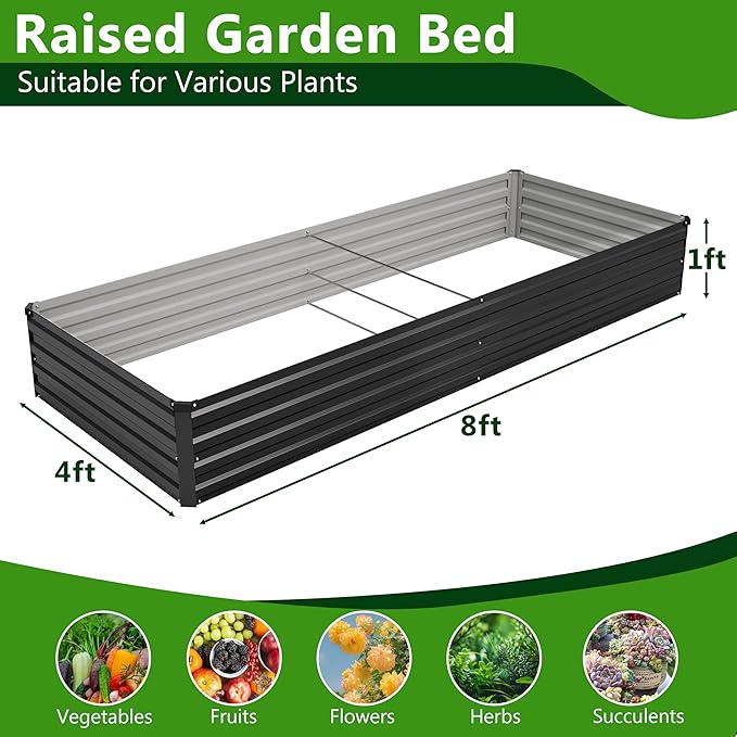 2PCS 8x4x1ft Galvanized Raised Garden Bed KitMetal Planter Box for VegetablesFlowersHerbs Durable Rust-Resistant Patio Gardening BedsBlack