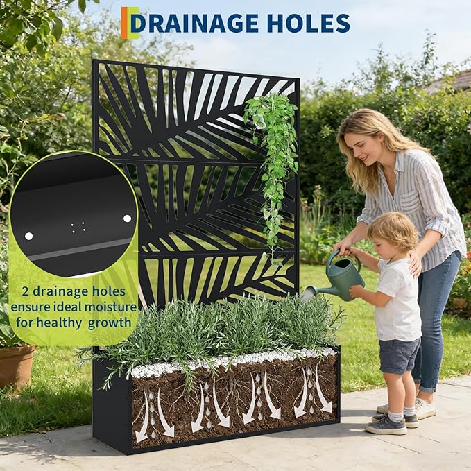 Garvee Metal Raised Garden Bed with Trellis 71x47x16 Metal Planter Box with Trellis Privacy Screen for Climbing Plants Vegetable Vines Drainage Holes 15.8 Deep Planting Bed Black