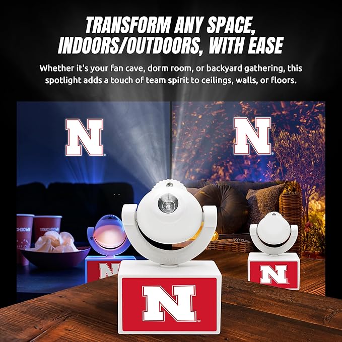 Sporticulture NCAA American Football Nebraska Cornhuskers - Adjustable Led Mini Spotlight Projector with 6 Team Logo Designs - Portable &amp Rechargeable Spotlight - Battery-Operated - 4.375” x 3.125