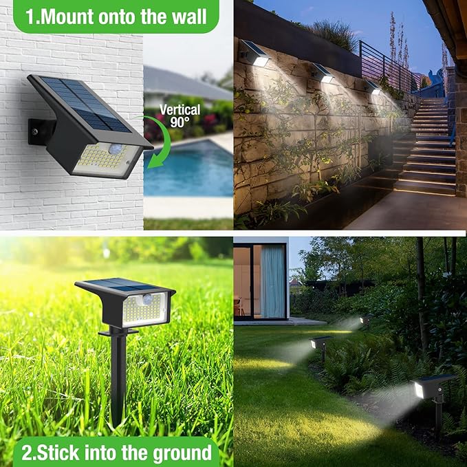 3 Pack Solar Spot Lights Outdoor Motion Sensor 3 Modes 62LED Motion Sensor Outdoor Lights 2-in-1 Solar Spotlights Outdoor Waterproof Auto On/Off Solar lights for Outside Yard Garden Wall Pathway