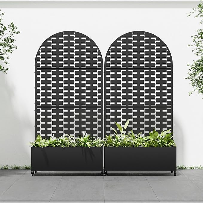 Casaphoria 72x35 Metal Raised Garden Bed with Trellis(2 Pack) Outdoor Planter Box with Wheels &amp Drainage Holes for Climbing Plants Elevated Garden Kit with Privacy Screen Black Brick Arched