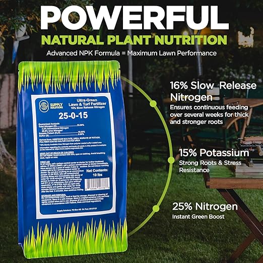 Supply Solutions 25-0-15 Ultra Green Lawn and Turf Fertilizer - 16% Slow Release Nitrogen - Promotes Lush Green Lawns and Strong Root Growth Reduces Mowing Frequency (10 Pounds)