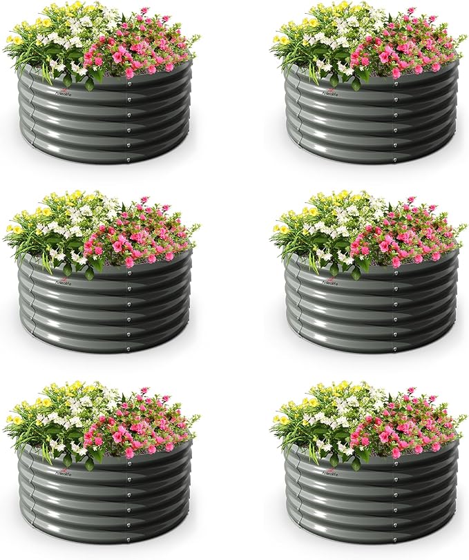 A ANLEOLIFE 6-Packs 4ft x 18” Tall Round Galvanized Raised Garden Beds Outdoor for Planting Vegetables Flowers Herb Quartz Grey