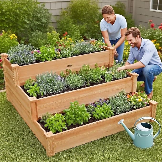 3-Tier Raised Garden Bed with Fabric Liner Wood Elevated Planter Box with Dovetail Joint Design 3 Dividable Bed Kit for Vegetables/Herbs/Flowers Outdoor Gardening for Patio Lawn Balcony
