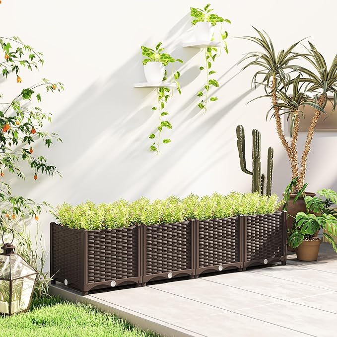 Outsunny 5 x 1 x 1 ft Raised Garden Bed Indoor Outdoor Plastic Planter Box with Drainage Holes Drain Plugs and Water Reservoirs for Vegetables Herbs Flowers &amp Succulents Brown