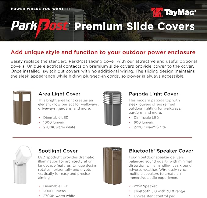 TayMac White Spotlight Slide Cover PPSLW for ParkPost Outdoor Power Enclosure (Required) 2000-Lumen 2700K Polycarbonate Post Cap Light for Garden Decor Seamless Spot Lighting Accessory