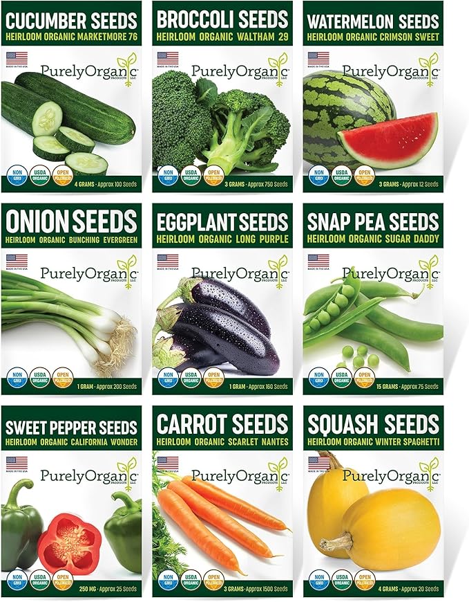 Purely Organic Vegetable Garden Starter Kit - Over 2500 Seeds - Certified Organic Non-GMO Open Pollinated Heirloom USA Origin