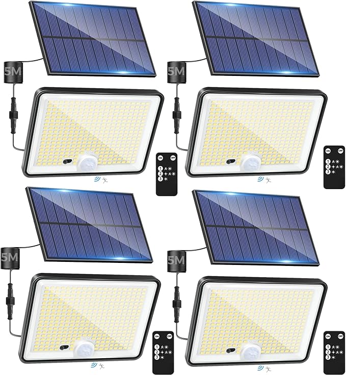 LOTMOS 4 Pack Outdoor Solar Motion Detector Light 342 LED Light 3 Modes Solar Lighting for Garden Garage Yard Cool White