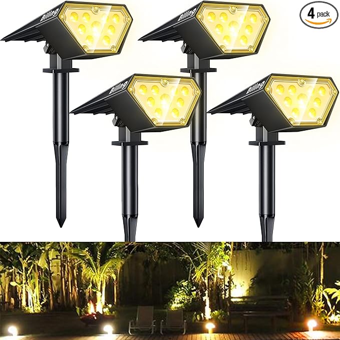 Biling Solar Spot Lights Outdoor Bright 700 Lumen Solar Outdoor Lights IP67 Waterproof Adjustable Landscape Spotlights for House Tree Patio Pathway Yard Garden Driveway - Warm White(4 Pack)