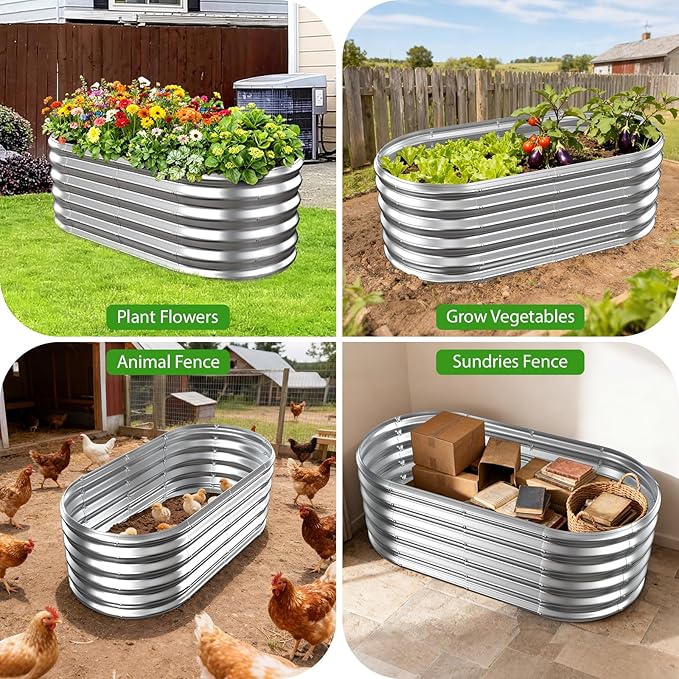 17 Tall Outdoor Garden Raised Garden Bed Kits 4ft X 2ft Oval0.8MM Thick Metal Raised Planter Bed/Ground Planter Box for Variety of FlowersHerbsVegetables (Silver 48X24X16.5 Inches)