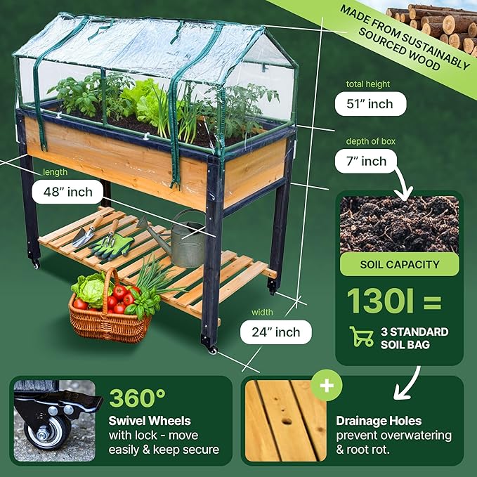 GOJ Raised Garden Bed Wood 48x24x32 inch with Greenhouse &amp Lockable Wheels - Elevated Wood Planter Box for Outdoors Vegetable Flower Bed Herb Planter - 400 lbs Capacity
