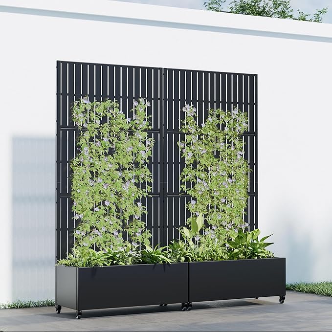 Casaphoria 72x35 Metal Raised Garden Bed with Trellis(2 Pack) Outdoor Planter Box with Wheels &amp Drainage Holes for Climbing Plants Flowers Elevated Garden Kit with Privacy Screen Black-Fence