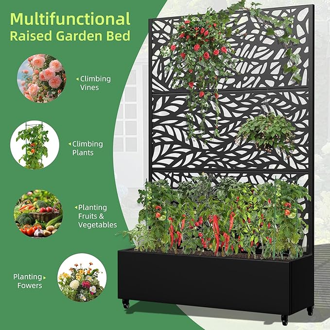 Casaphoria Metal Raised Garden Bed with Trellis and Wheels 72x 47x 16 Planter Box for Climbing Plants Vegetables &amp Vines Features Drainage Holes and Privacy ScreenBlack(Black-Spring&ampNet