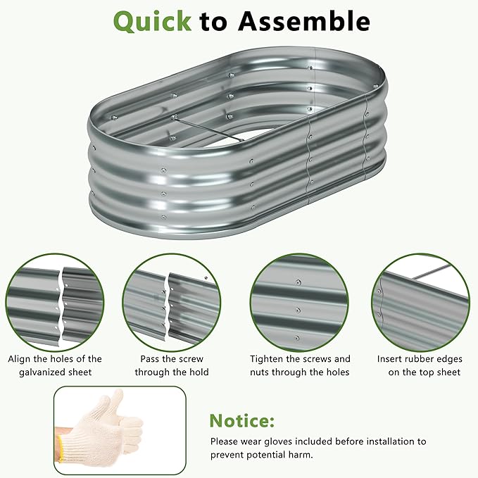 4x2x1ft(2 Pack) Galvanized Oval Raised Garden BedOutdoor Planter Box Metal Patio Kit Planting Bed for Vegetables Flowers HerbSilver