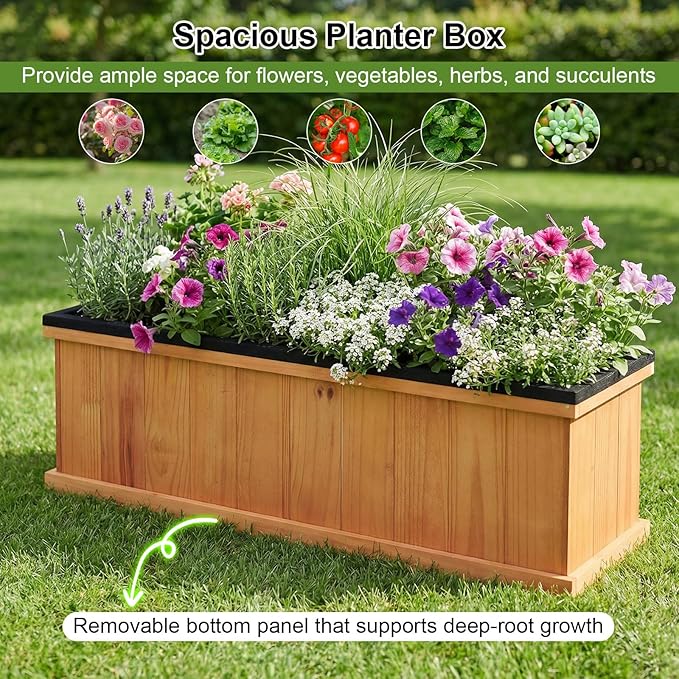 Giantex Outdoor Raised Garden Bed Set of 2 40” x 13” x 12” Pine Wood Planter Box w/ 3 Drainage Holes Removable Bottom &amp Bed Liner Rectangular Flower Container for Vegetables Herbs Indoor &amp