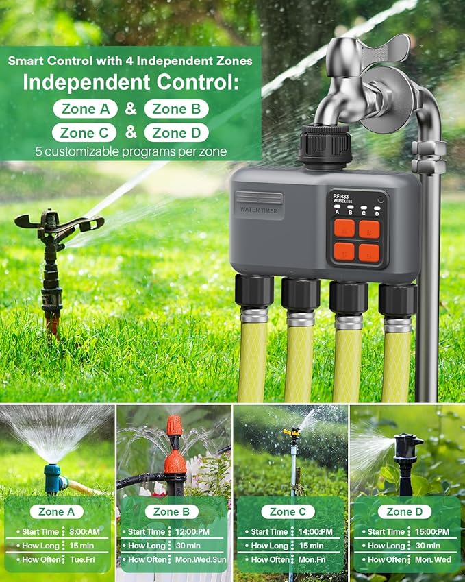 WiFi Sprinkler Timer 4 Zone with 984 Feet RF Gateway 4 Outlet Smart Water Timer for Garden Hose with Rain Delay/Manual/AutomaticWiFi Water Hose Timers for Garden &amp Lawns