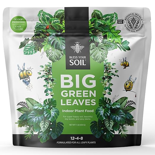 Big Green Leaves Indoor Plant Food – 4X Concentrated Houseplant Fertilizer with Sea Kelp – Makes 90 Gallons – Fast-Acting Mineral Formula Made in USA (1 lb)