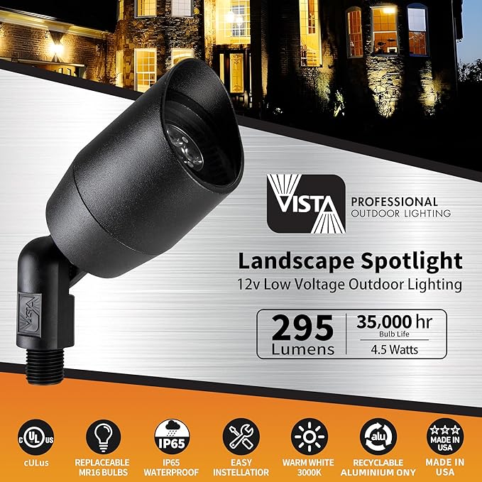 VISTA 4 Pack Cast Aluminum Landscape Spotlights Low Voltage Landscape Lighting Spot Lights Outdoor with 4.5W MR16 LED Bulb for Yard Garden Lawn Tree