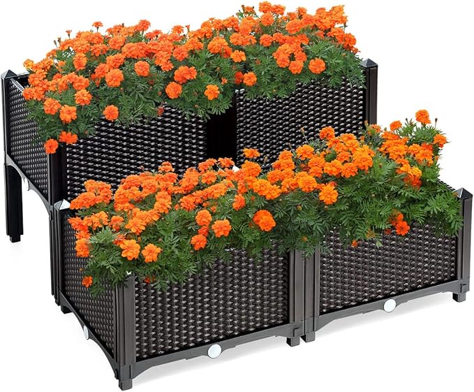 Giantex Raised Garden Bed Set of 4 Planter Raised Beds Kits with Drain Holes for Fruit Flowers Vegetables Outdoor Elevated Planting Box for Lawn Patio Balcony Easy Assembly Rattan-Like Look Brown