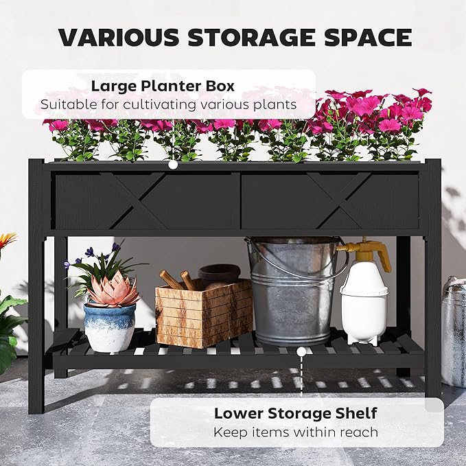Outsunny Raised Garden Bed Elevated Wood Planter Box with Storage Shelf Drainage Holes and Liner for Backyard Patio Balcony 47 x 22 x 31.5 in Black