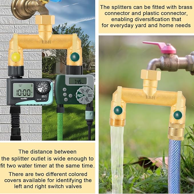EBH Garden Hose Splitter Full Flow Outdoor Faucet Splitter 2-Way High Flow Brass Heavy Duty Hose Splitter with Long Metal Handle。