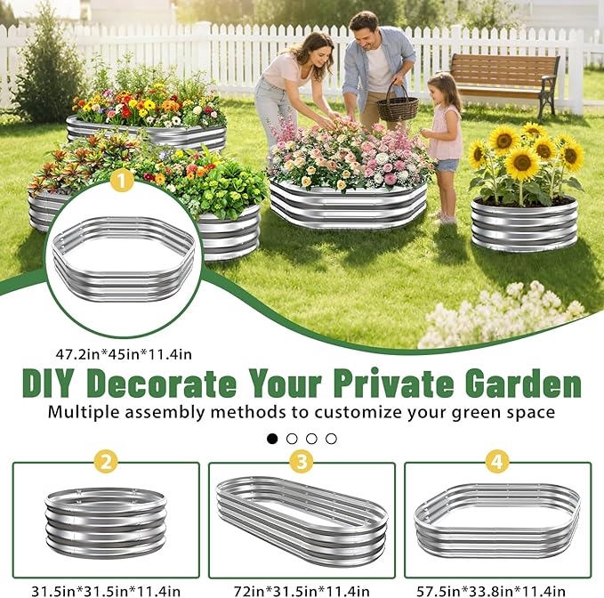 Hexagon Raised Garden Bed 48 Inch Diagonal &amp 12 Inch Tall Galvanized Steel Planter Box with Wave-Shaped Metal Panels for Outdoor FlowerTreeHerb &amp Vegetable Garden (Silver 4FT X 1FT)