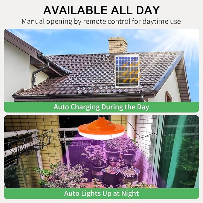 96 LED Solar Grow Lights Battery Powered Full Spectrum Hanging Grow Light for Indoor Outdoor Plants with Timer Solar Plant Lamp for Greenhouse with Remote Control 2 Charging Way 16.6FT Cord