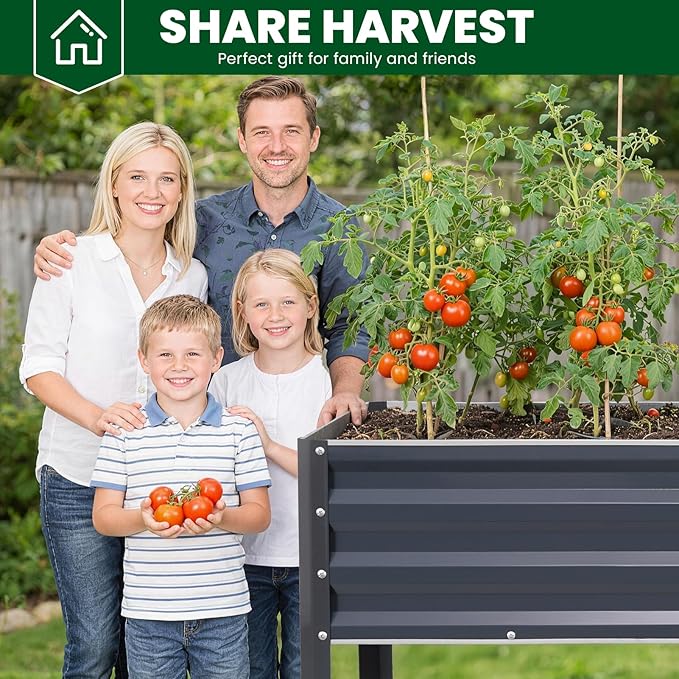 1MORE Elevated Raised Garden Bed with Legs &amp Storage Rack 48×24×32in Large Metal Raised Bed for Backyard Patio. Raised Planter Box with Drainage Holes for Plants Vegetables Flowers Fruits(Grey-1