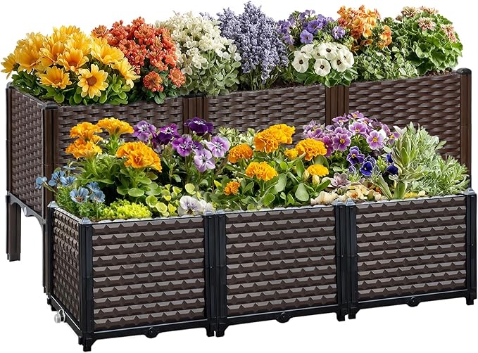 Rattan Raised Garden Bed with Legs-Rectangular Elevated Deep Planters for Outdoor Plants Self Watering Planter Box 47L x 16W x 20H Rectangular Deep Garden Bed for Vegetables Flowers Herbs