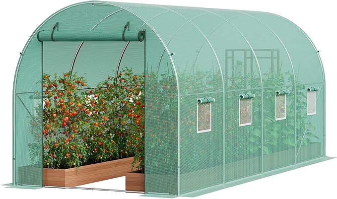 VEVOR Walk-in Tunnel Greenhouse 14.6x6.4x6.3 ft Hoop House Greenhouse Tunnel Plant Hot House with Galvanized Steel Frame Green PE Cover Roll-up Zipper Door and 8 Windows for Outdoor