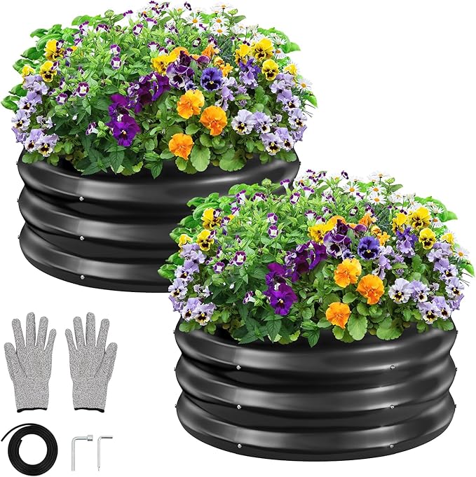 GreatBuddy 2x2x1 ft Round Galvanized Raised Bed Easy-Assembly Raised Garden Bed with Anti-Cut Gloves &amp Tools Rust-Proof Garden Bed for Outdoor Vegetables Herbs Small Trees Black