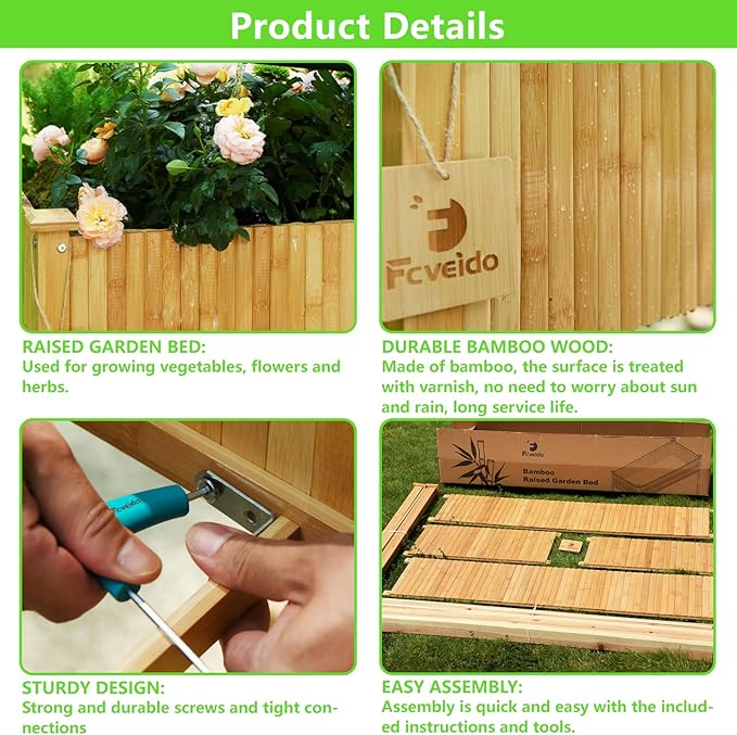 Raised Garden Bed 48x25x30 Inch Raised Bed Elevated Bamboo Planter Box with Legs Standing Growing Bed for Growing Fresh Herbs Vegetables Succulents Flowers