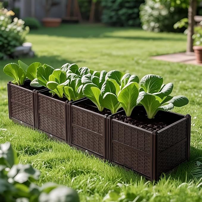 Indoor and Outdoor Rectangular Plastic Planting Box Planting kit for Fresh Vegetables Herbs Flowers and Succulents Brown