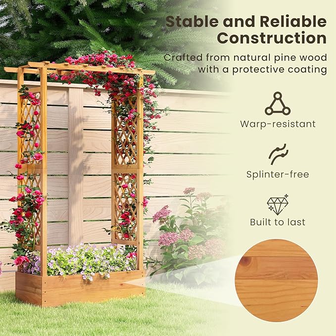 S AFSTAR 2 Pieces Wooden Raised Garden Bed with Trellis 70 Elevated Planter Box with Hanging Roof &amp Open-Ended Base for Climbing Vine Flower Herb Vegetable Outdoor Plant Container for Patio &am