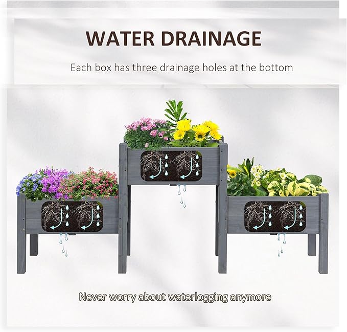 73x18x32 3Tier Elevated Wooden Planter for Garden Eco-Friendly Finish Heavy-Duty FFor rame Freestanding Gray Weather-Proof Use Built-in Drainage