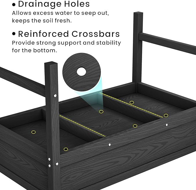 HDPE Raised Garden Planting Bed with LegsGarden Boxes Outdoor Raised with Drainage Hole Rot-ResistantRaised Beds for Gardening for Backyard Patio Balcony 300 lb Capacity (Black)