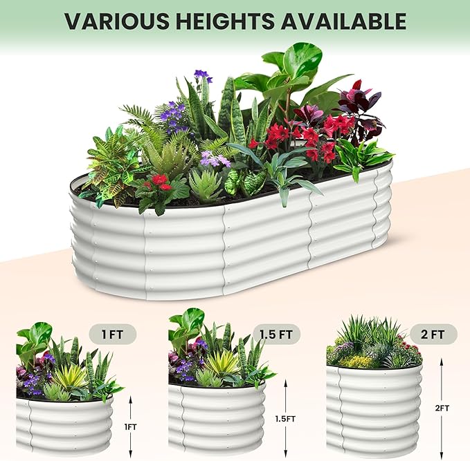 2 Pcs 6x3x1ft Oval Raised Garden Bed Galvanized Raised BedsOpen-Ended Base Metal Raised Planter BedsGarden Bed OutdoorPlanter Raised Boxes for Vegetables FlowersTool-Free AsseWhite