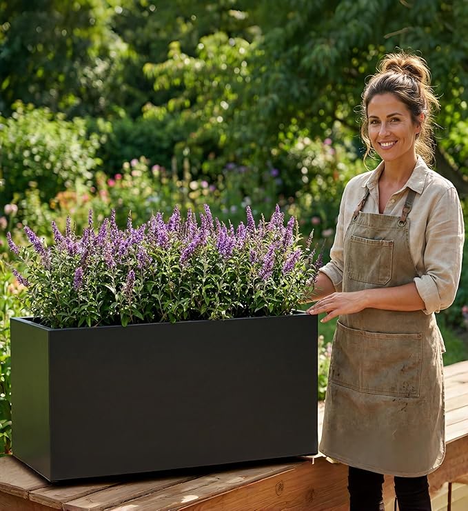 16-Inch Tall Metal Planter Raised Garden Bed 26Wx10Dx16H Planter Box for Plants Vegetables &amp Vines Features Drainage Holes &amp Adjustable Feet Easy Assembly Black