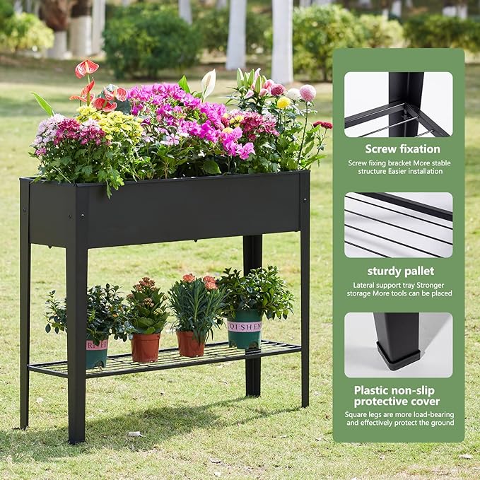Raised Garden Bed Elevated Planter Black Metal Plant Box with Legs Standing Garden Stand Drainage Holes Black