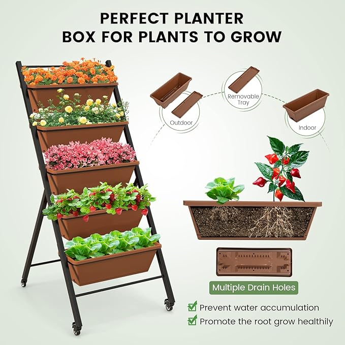 Giantex Vertical Raised Garden Bed on Wheels 5-Tier Elevated Planter Boxes Garden Beds with Drain Hole Freestanding 5 Containers for Herb Vegetables Flowers Growing Indoor Outdoor Patio Balcony