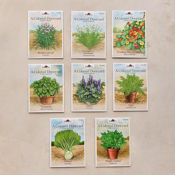 Burpee 'A Colonial Dooryard Herb Garden' – Heritage Kitchen Herb Starter Kit with 8 Non-GMO Seeds Plant Labels &amp Dooryard Garden Design Card