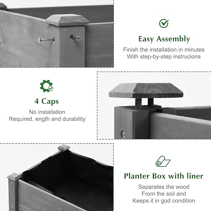 Raised Garden Bed with Legs 48x24x30'' Outdoor Wood Elevated Planter Box Thick Legs w/Liner
